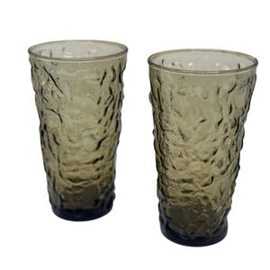 VTG Anchor Hocking Lido Milano Smoke Glass Tumblers Set Textured Bark Brown 5.5